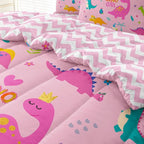 Girls Dinosaur Bedding Twin Green Pink Dinosaur Comforter Set, Cute Cartoon Down Comforter for Little Girls Teens Kids Adults Room Decor, Reversible Bed-in-a-Bag 5-Piece Bed Sets