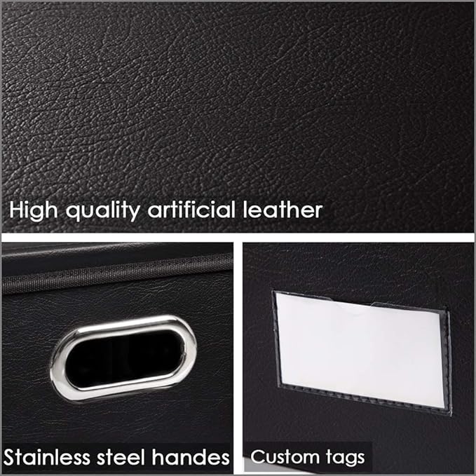 PRANDOM Collapsible Storage Bins with Lids [3-Pack] Leather Fabric Foldable Storage Boxes Organizer Containers Baskets Cube with Cover for Bedroom Closet Office Nursery Black (14.9x10.8x10)