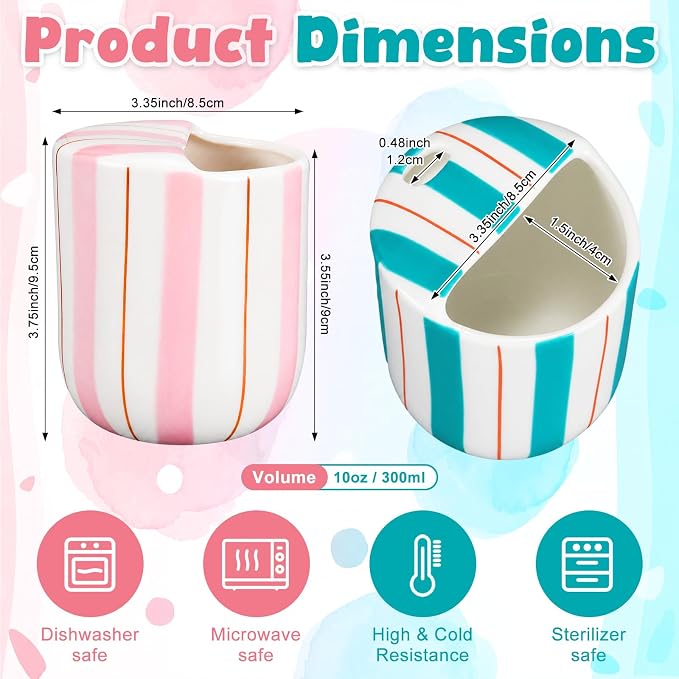 2 Pcs Ceramic Mug with Sip Hole 10 oz Pink Turquoise Striped Ceramic Coffee Mug Hand Painted Travel Mugs Heat Resistant Non Slip Built in One Lid Mugs for Coffee Lovers Appreciation Gift