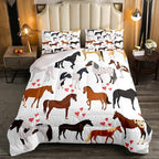 Horse Comforter Set Twin Farm Bedding Set Kids Boys Girls Teens Cute Animal Duvet Set Cartoon Horses With Pink Lover Heart Decor Kawaii Quilt Set Soft Lightweight Cowboy Cowgirls Comforter Set