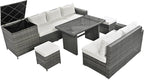 6-Piece Outdoor Furniture Set with Dining Table, Adjustable Seat and Storage Box, All Weather PE Rattan Patio Conversation Sofa L-Shaped Couch for Garden Lawn, Grey Wicker+Beige Cushion