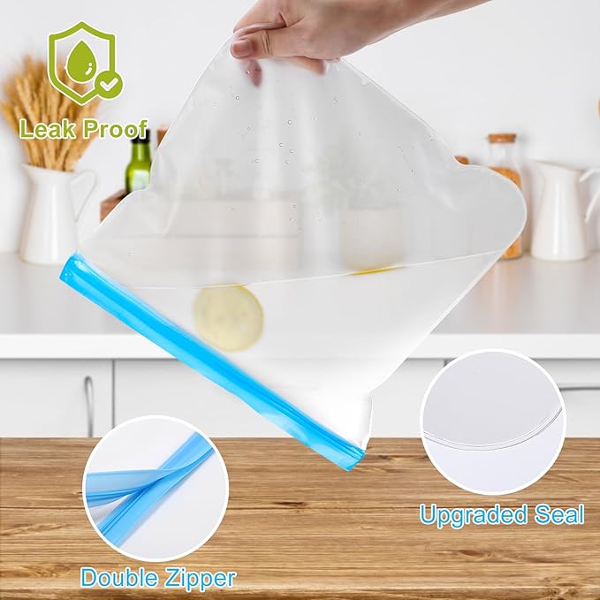 Lerine Reusable Gallon Freezer Bags Stand Up, Dishwasher Safe, 6 Pack, Gray | Leakproof, double seal closure, food-grade material, BPA-free for meat, vegetables, bread and travel