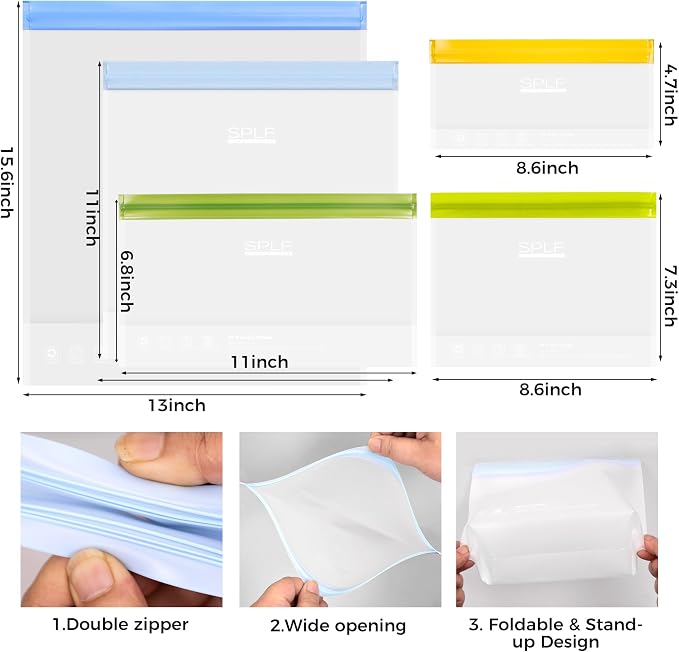 SPLF 10 Pack Stand-Up Reusable Snack Bags Dishwasher Safe | BPA Free Food Storage Bags, Extra Thick Leakproof Freezer Bags Silicone Snack Pouch For Candy, Fruits, Cereal, Travel Item