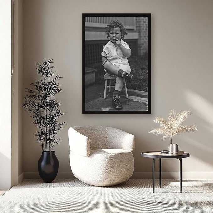 Little Boy Smoking A Cigar, Black And White , Vintage Photo, Oddities, Funny Poster Canvas Poster Wall Art Decor Print Picture Paintings for Living Room Bedroom Decoration Black Frame 12x18in(30x45cm)