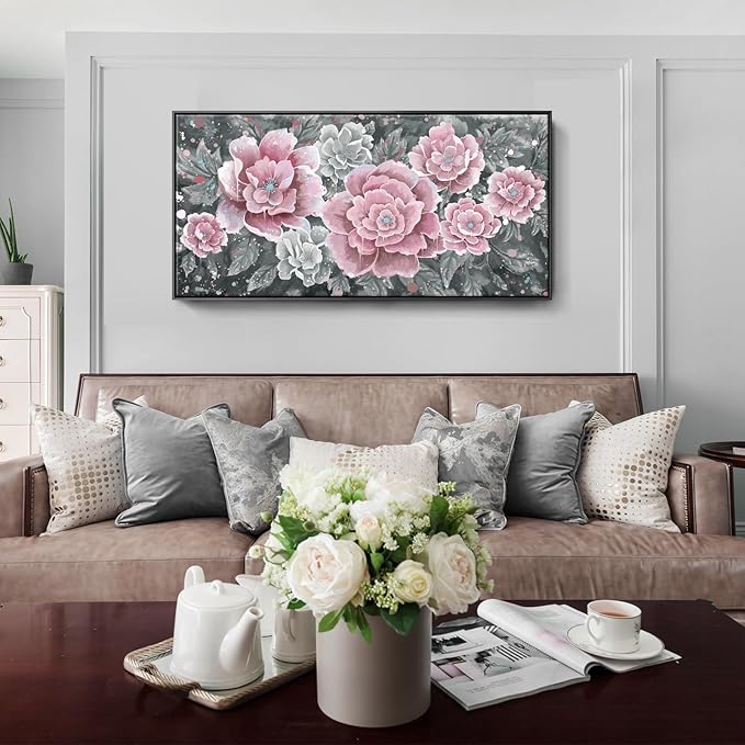Large Pink Wall Art for Living Room- Pink and Black Peony Floral Canvas Wall Art Modern Framed Moody Black and White Wall Picture Flower Artwork Decor for Bedroom Dining Room Office 48x24