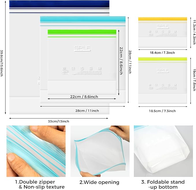 SPLF 20 Pack Reusable Sandwich Bags Dishwasher Microwave Safe | BPA Free Extra Thick Leakproof Reusable Food Storage Bags Silicone Free Quart Size Freezer Bags Containers