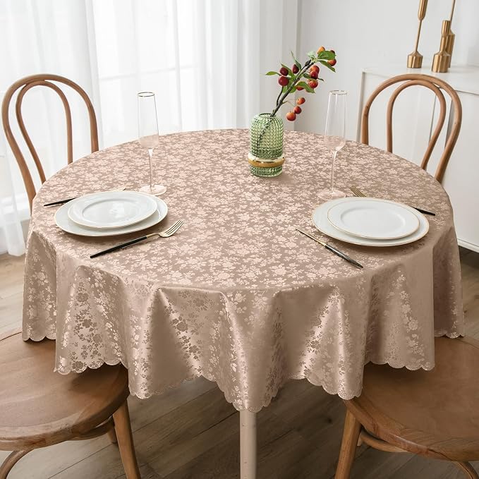 Smiry Round Waterproof Heavy Duty Vinyl Tablecloths, 60 x 60 Inch | Wipeable Washable Floral Embossed Table Cover for Kitchen and Dining Room, Indoor & Outdoor Use, Khaki