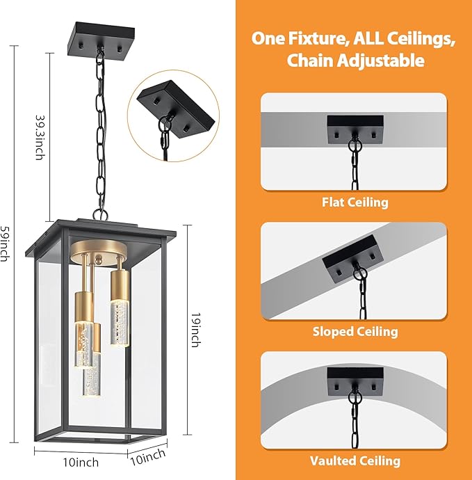 3-Color LED Outdoor Pendant Light with Remote, 3-Light 19" Large Outdoor Chandelier for Porch, Black Gold Exterior Pendant Lighting Fixtures Ceiling Mount Pendant Lantern for Patio Front Door