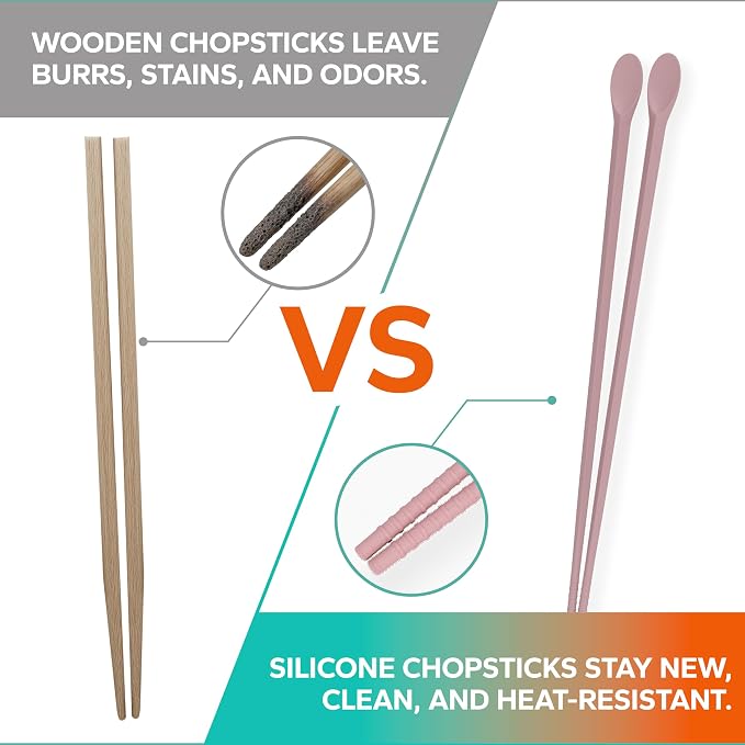 Reusable Long Silicone Cooking Chopsticks with Spoon 12 Inches 1 Pair, Dishwasher Safe, BPA-free Non-Slip, Korean, Heat Resistant, Japanese Kitchen Cookware (Pastel Green, 1 Pair )
