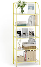 Bookcase Bookshelf, Tempered Glass Arched Bookshelf for More Storage, Slim Shelving Unit for Bedroom, Bathroom, Home Office, Steel Frame, Wide 5 Tier Gold BC22599G