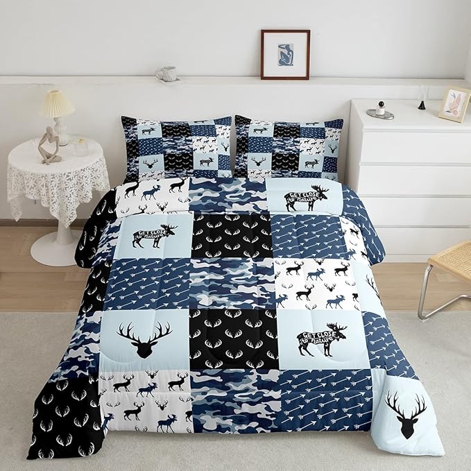 Cute Deer Comforter Set King, Military Camo Bedding Set for Kids Boys Girls Teens Bedroom Tribal Animal Antlers Silhouette Quilted Comforter Checkered Plaid Arrows Bedding Comforters, Army Blue&White