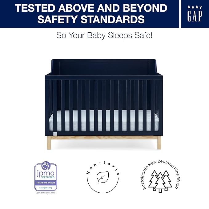 babyGap by Delta Children Oxford 6-in-1 Convertible Crib TrueSleep 2-Stage Deluxe Crib and Toddler Mattress (Bundle), Navy/Natural