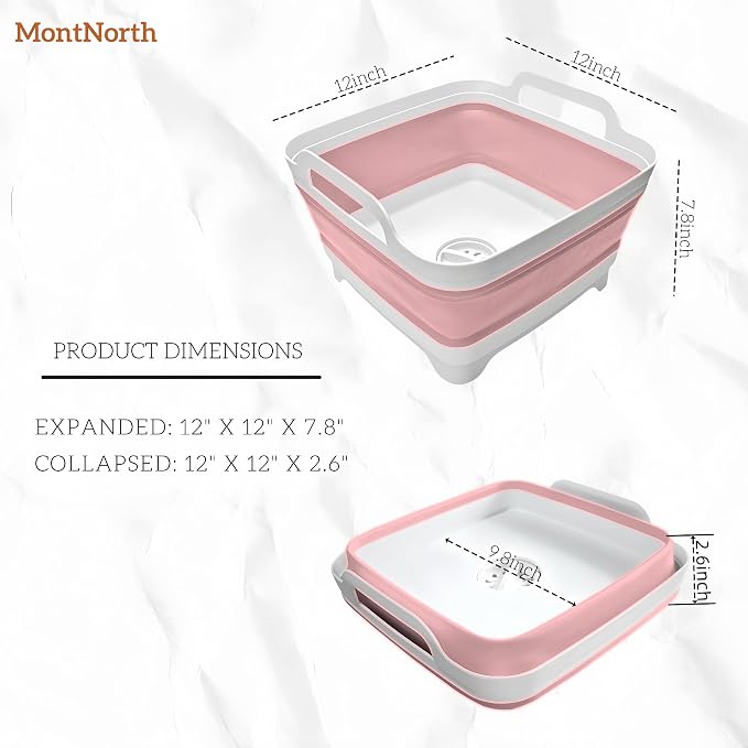 Collapsible Wash Basin 9L, Foldable Dish Tub with Drain Plug, Portable Collapsible Dish Basin, Camping Sink for Washing Dishes, Laundry & Kitchen Use (Pink)