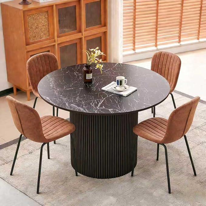 5 Piece Round Dining Table Set for 4, Mid Century Modern Faux Marble Kitchen Table and Chairs, Space-Saving Small Dinette Set (47 Inch Black Table+4 Brown Chairs)