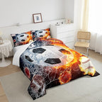 Erosebridal Boys Soccer Bedding Set Football Sports Queen Comforter Set for Kids Teens Youth Bedroom Decor Lightning Baseball Quilt Duvet Water Fire Basketball Comforter with 2 Pillow Cases Red Blue