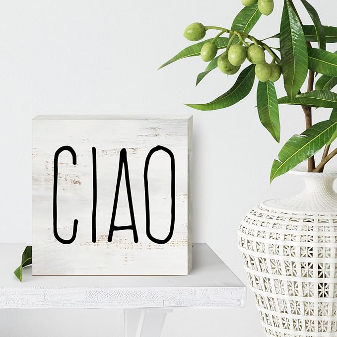 Ciao Wood Box Sign, Rustic Italian Hello Wooden Box Sign Block Plaque for Wall Tabletop Desk Home Decoration