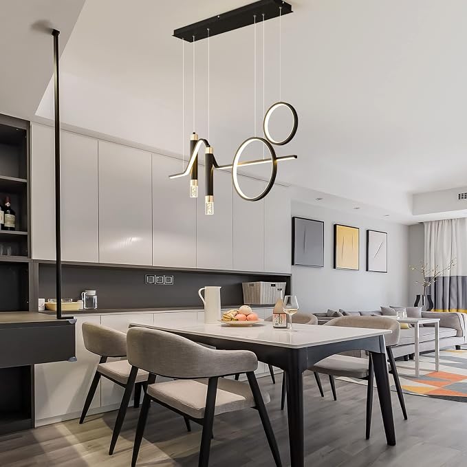 Siittoo 37" Modern LED Pendant Light, Dimmable Linear Chandelier Black | 45W LED with Remote, 3000K-6000K, Adjustable Hanging Light for Kitchen Island, Dining Room & Living Room