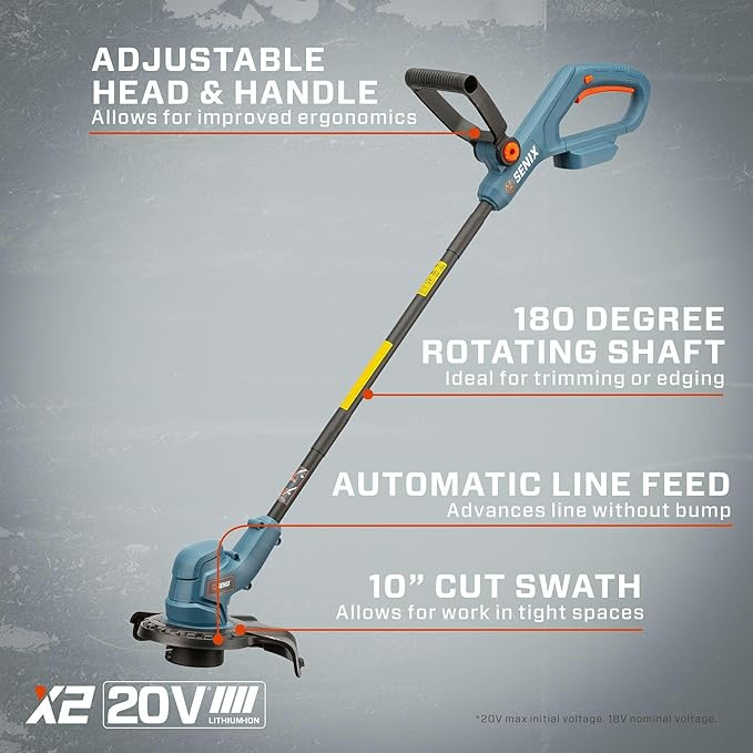 SENIX X2 20 Volt Max* Cordless Grass String Trimmer and Edger Lawn Tool, Detachable Split Shaft, 10-Inch Max Cutting Width, Includes 2.0 Ah Battery and 2A Charger (GTX2-L)