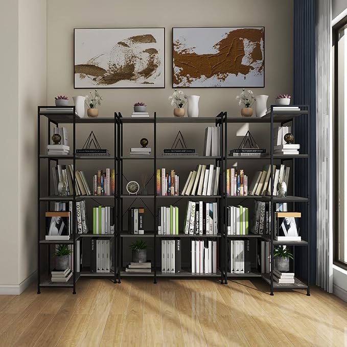 Bookshelf 5 Tier Deformable Corner Bookcase Free Standing Modern Industrial Book Storage Display Book Shelf for Bedroom Living Room Study Room Office (Dark Grey)