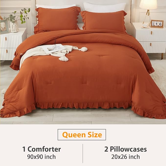 Andency Terracotta Ruffle Comforter Queen(90x90Inch), 3 Pieces(1 Ruffled Comforter and 2 Pillowcases) Solid Farmhouse Shabby Chic Comforter, Vintage Rustic Soft Microfiber Bedding Set