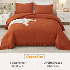 Andency Terracotta Ruffle Comforter Queen(90x90Inch), 3 Pieces(1 Ruffled Comforter and 2 Pillowcases) Solid Farmhouse Shabby Chic Comforter, Vintage Rustic Soft Microfiber Bedding Set