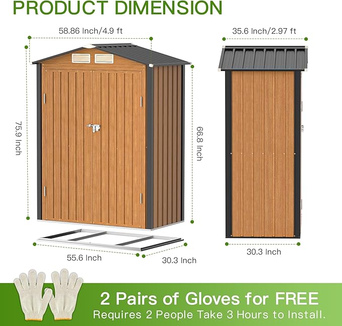 Outdoor Storage Shed, 5x3 Ft Metal Steel Tiny House with Frame Floor & Lockable Door, Vertical Outside Storage Building for Garden, Backyard, Lawn, Patio Utility, Tool Storage