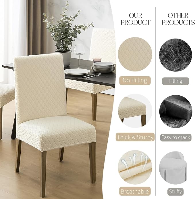 MOSAYT 100% Waterproof Dining Room Chair Covers Set of 2, Super Fit Stretch Jacquard Parson Chairs Slipcovers Removable Washable Chair Seat Protectors for Home, Kitchen, Banquet (Beige)