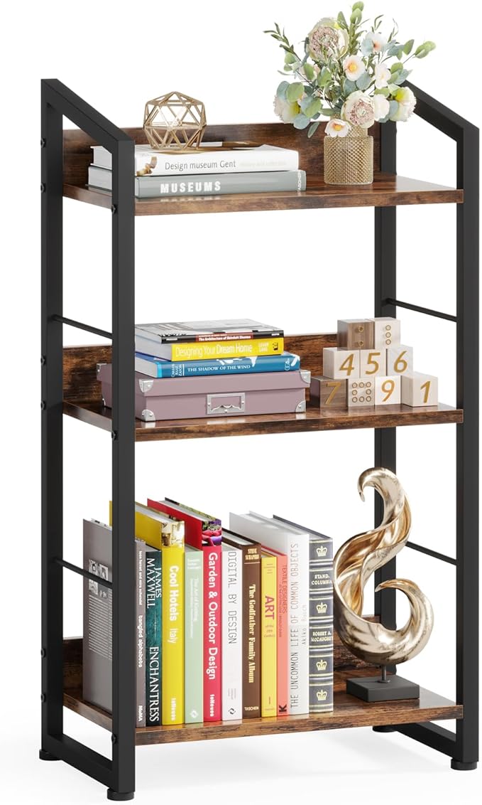 3 Tier Bookshelf: Small Modern Industrial Bookshelves for Bedroom, Short Bookcase Book Shelf for Small Spaces (Rustic Brown)
