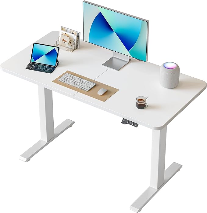 FAMISKY Standing Adjustable Desk Home Office Desk, 44 x 24 Inches Height Adjustable Desk, Ergonomic Home Office Computer Workstation with Splice Board, White