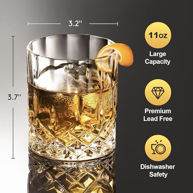 Whiskey Glasses Set of 6, 11 oz Old Fashioned Rocks Glasses | Dishwasher-safe 11 oz rocks glasses for whiskey, bourbon, scotch, rum, cocktails and gifting