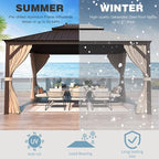 MELLCOM 10' x 12' Hardtop Gazebos, Brown Permanent Pavilion Gazebo with Curtains and Netting, Galvanized Steel Metal Double Roof with Aluminum Frame for Patio, Lawn & Garden