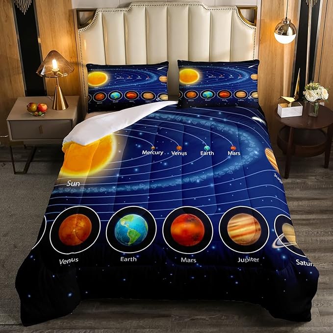 Solar System Comforter Set Twin Galaxy Bedding Set Outer Space Down Comforter Kids Boys Girls Starry Sky Universe Planets Duvet Set Room Decor Super Soft Astronomy Quilt Duvet Insert, Blue