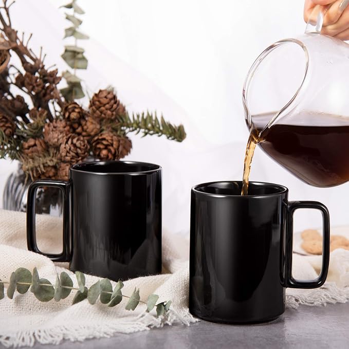E-liu Large 15 Ounces Porcelain Coffee Mug Tea Mugs Set of 6 | Cups for Coffee, Tea, Cocoa, and Mulled Drinks , Dishwasher & Microwave Safe Gift Sets, Black