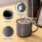 Hasense Coffee Mugs Set of 4 with Stand, 15 oz Porcelain Stackable Coffee Cups Set with handle for Tea, Latte, Milk and Cappuccino, Grey Embossed Tea Cups Set with Geometric Patterns for Men and Women
