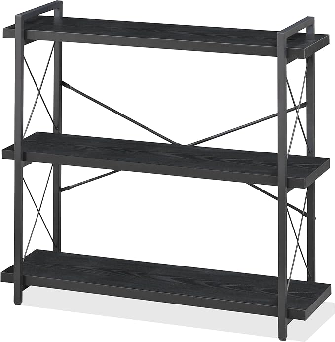 HCHQHS Bookshelf, 3-Tier Industrial Bookcase, Black Open Book Shelf, Freestanding Horizontal Bookshelves with Metal Frame