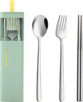DEVICO Travel Utensils with Case, 4Pcs Korean Chopsticks Fork and Spoon Set | 18/8 Stainless Steel Portable Cutlery Set, Reusable Silverware for Lunch Box/Camping/Work/School, Dishwasher Safe, Green