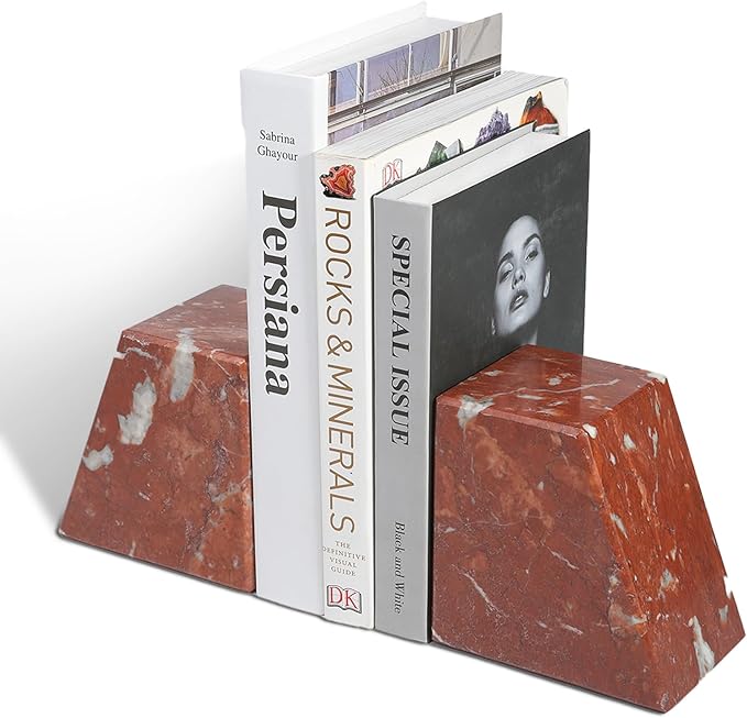 Marble Book Ends Decorative, Unique Bookends for Shelves，Bookends to Hold Heavy Books Durable Book Holder Stopper for Home Office Desk Bookshelf Decoration, Set of 2, Rosso Francia