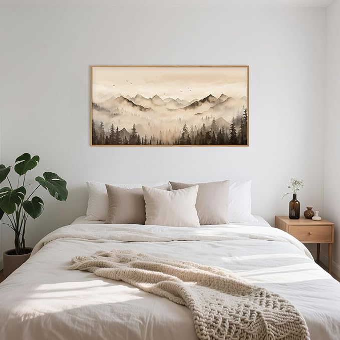 Nature Misty Forest Framed Canvas Wall Art Set, Foggy Landscape Wall Decor, Watercolor Pine Tree Wall Painting, Large Mountains Art Print for Living Room, Bedroom, Office - 20"X40"