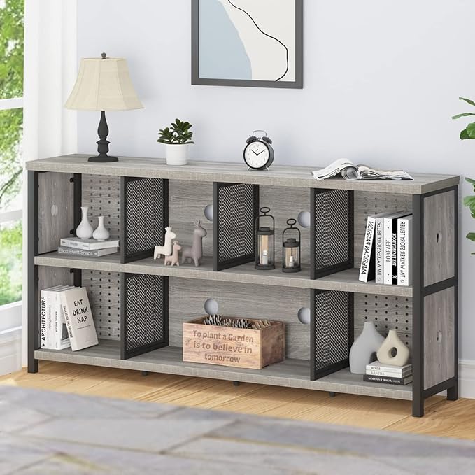LVB Industrial 4 5 6 7 8 Cube Bookcase, Rustic Wood Metal Horizontal Bookshelf, Modern Wide Cube Organizer Storage Shelf, Large Long Low Book Shelf for Office Bedroom Living Room, Light Grey Oak 63 In