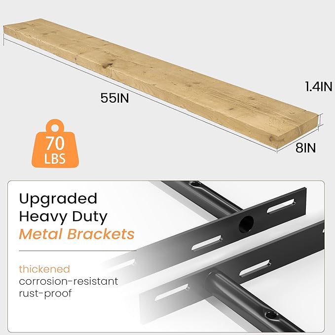Fun Memories Floating Shelves for Wall Decor, 55"x8" Rustic Reclaimed Wood Shelves, Heavy-Duty Wall Mounted Shelves with Invisible Brackets for Living Room, Bedroom, Kitchen, Natural Finish