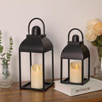 Lanterns Decorative Indoor Outdoor 15" 11" Set of 2 Lantern Decor Black Metal Candle Lanterns with Flameless Candles, Outdoor Lanterns for Porch Patio Wedding Mantle Home Decor