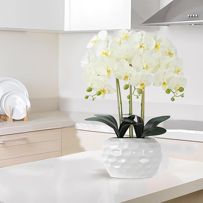 Orchid Artificial Flowers with White Vase Large Silk Faux Phalaenopsis Flowers for Dining Room Table Floral Centerpieces Indoor Decoration,White