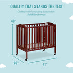 Dream On Me 3 in 1 Portable Folding Stationary Side Crib in Cherry, Greenguard Gold Certified, Safety Wheel with Locking Casters, Convertible, 3 Mattress Heights