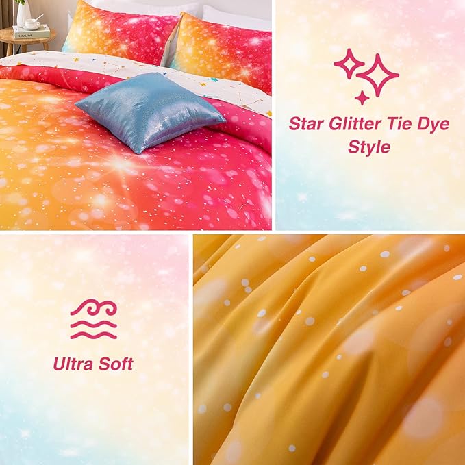 A Nice Night Gradient Glitter 6Pcs Bed in A Bag Bedding Set for Girls Twin Size, Colorful Rainbow Galaxy Comforter Set, Ultra Soft Bedding Sets, YellowBlue