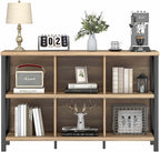 FATORRI 6 Cube Storage Organizer with Shelf, Long Wood and Metal Cubby Bookcase, Industrial Horizontal Bookshelf (Rustic Oak, 47 Inch)