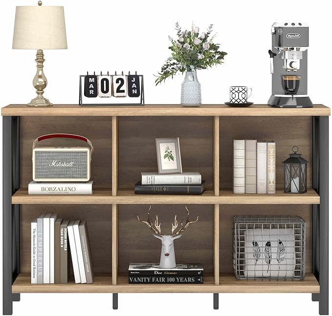 FATORRI 6 Cube Storage Organizer with Shelf, Long Wood and Metal Cubby Bookcase, Industrial Horizontal Bookshelf (Rustic Oak, 47 Inch)