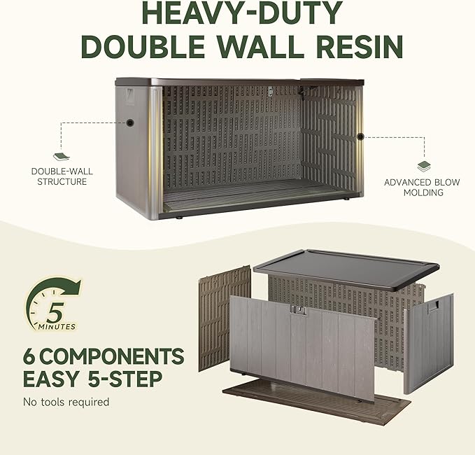 120 Gallon Resin Deck Box, Double Layer Waterproof & Outdoor Indoor Lockable Storage Box for Patio Furniture Cushions Garden Tools (Brown)
