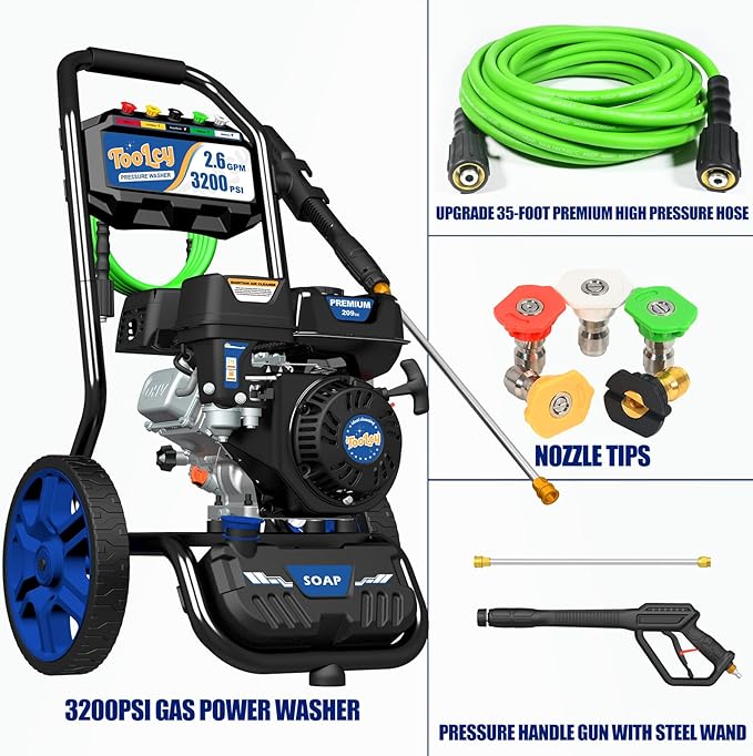 TOOLCY Gas Powered Pressure Washer, 3200 PSI and 2.6 Max GPM, Reinforced Pump, 35FT Extended Power Hose, Kink-Less Swivel Gun with & 5 Nozzles, for Cars/Fences/Driveways/Homes/Patios