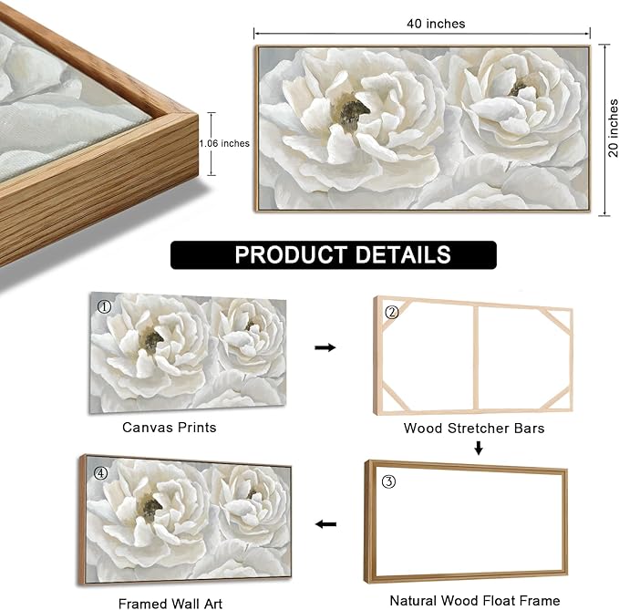 arteWOODS Cream White Flowers Framed Wall Art - Soft Peony Pictures for Wall Decor Elegant Blossom Flower Painting Artwork Botanical Prints for Living Room Home Office Wall Decoration 20" x 40"
