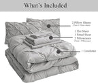 LANE LINEN 7 Piece Queen Comforter Set with Sheets, Pintuck Bedding Queen Size Set, Soft Bed in A Bag Queen, Pinch Pleated Queen Bed Set, Fluffy Queen Bedding Set with Pillowcases & Shams - Silver